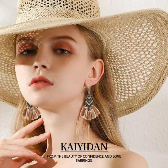 Brown Tassels Geometric Shape Dangle Statement Vintage Dainty Earring for Women - Picture 3 of 9